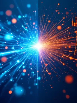 Glasvezelkabel met blauwe lichtpulsen en antenne met oranje signaalwaves, vergelijking van bedrade en draadloze connectiviteit