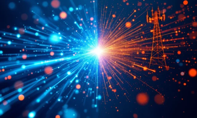 Glasvezelkabel met blauwe lichtpulsen en antenne met oranje signaalwaves, vergelijking van bedrade en draadloze connectiviteit