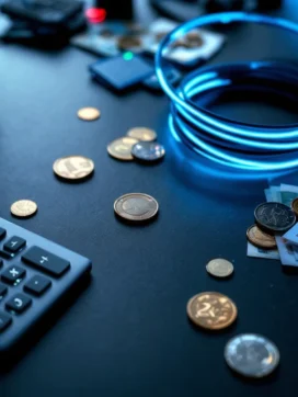 Gloeiende glasvezelkabel op bureau met calculator, euro's en netwerkrouter voor zakelijke connectiviteitskosten