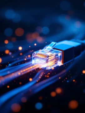 Ethernet-kabelconnector met gloeiende glasvezelkabels en blauwe en oranje datastromen op donkere achtergrond