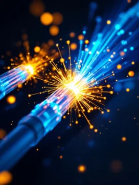 Drie glasvezelkabels convergeren met blauwe, oranje en gele gloed tegen donkere achtergrond, bovenaanzicht.