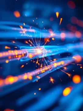 Glasvezelkabels met verstoorde lichtsignalen en elektrische vonken tegen technische blauwe achtergrond