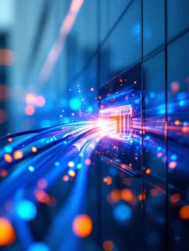 Luchtfoto van blauwe en oranje glasvezelkabels die samenkomen bij modern kantoorgebouw met gloeiende data-effecten