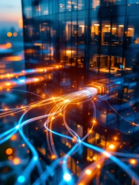 Modern kantoorgebouw met gloeiende glasvezelkabels die door de structuur weven tijdens het gouden uur