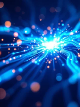 Glasvezelkabels met blauwe lichtstromen convergeren naar verlichte hub, symboliseren snelle zakelijke connectiviteit