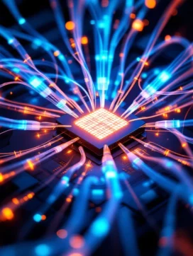 Telecommunicatienetwerk hub met verlichte glasvezelkabels en servers die convergeren naar centrale gloeïende node
