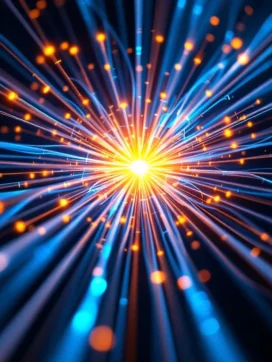 Glasvezelkabels in blauw en oranje stralen uit vanuit verlichte netwerkcentrum met koperen kabels