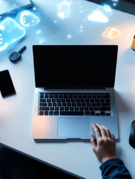 Modern bureaublad met laptop, smartphone en ICT-apparatuur met zwevende euro-symbolen voor kostenbeheer