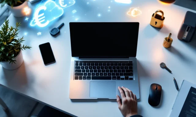 Modern bureaublad met laptop, smartphone en ICT-apparatuur met zwevende euro-symbolen voor kostenbeheer