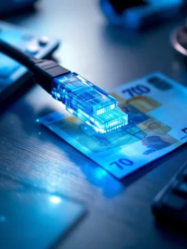 Glasvezelkabel met blauw licht naast zeventig euro en rekenmachine op modern bureau