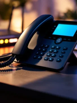 Moderne IP-telefoon met verlicht display op kantoorbureau, met ethernetkabel en router op de achtergrond