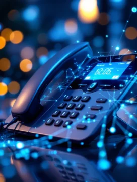 Moderne IP-telefoon in zilver en blauw met digitale datastromen en netwerkverbindingen op glanzend oppervlak