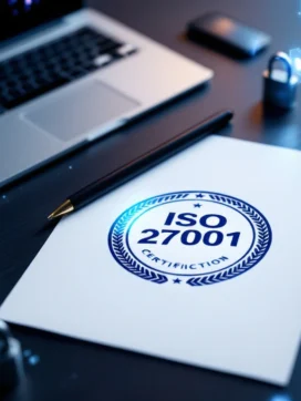 ISO 27001-certificaat op bureau met laptop, beveiligingselementen en holografische schilden in blauw en zilver