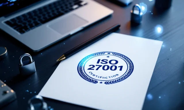 ISO 27001-certificaat op bureau met laptop, beveiligingselementen en holografische schilden in blauw en zilver