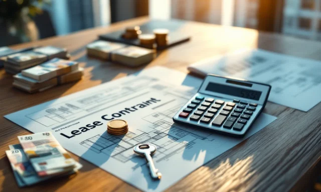 Rekenmachine met eurobankbiljetten, kantoorplattegronden en sleutel op huurcontract op bureau met kantoorgebouwen op achtergrond