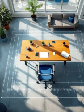 Modern kantoorwerkplek met houten bureau, ergonomische stoel en laptop, bovenaanzicht met maatvoeringslijnen op betonvloer
