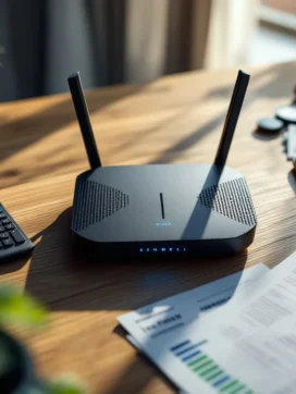 Draadloze router met blauwe LED-verlichting op bureau omringd door belastingdocumenten, rekenmachine en eurobiljetten