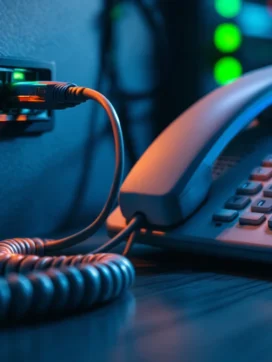 Witte KPN telefoonhoorn op bureau met kabel, router en groene LED-lampjes op achtergrond