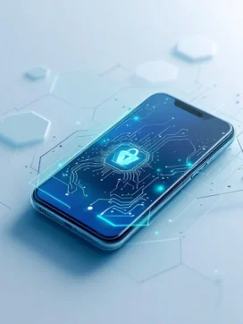 Smartphone omgeven door geometrische schildvormen in blauw-groene tinten met gloeiende circuitpatronen voor digitale beveiliging