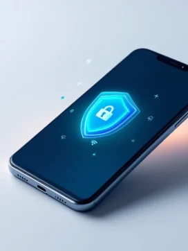 Android smartphone met digitaal beveiligingsschild hologram en zwevende veiligheidsiconen op witte achtergrond