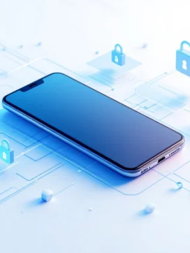 Smartphone omgeven door blauwe geometrische schildvormen en beveiligingspictogrammen op minimalistische achtergrond