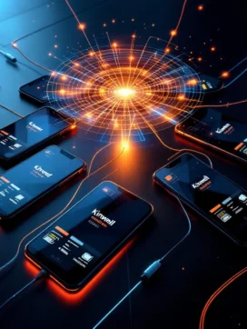 Moderne smartphones in radiaal patroon met glasvezelkabels en netwerkverbindingen op zakelijk bureau