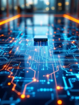 Modern kantoor met verlichte glasvloer die onderliggend netwerk van glasvezelkabels en routers toont in blauw en oranje