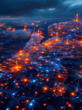 Luchtfoto van Nederland met digitaal netwerkraster, rode waarschuwingsindicatoren tonen verstoringen in telecominfrastructuur