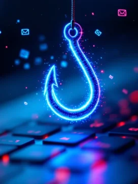 Gloeiende phishing-haak van digitale code boven toetsenbord met rode waarschuwingsgloed en e-mailfragmenten