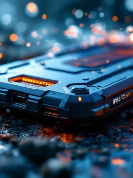 Robuuste smartphone met militaire bescherming en IP68-certificering op bouwplaats met waterdruppels en stof
