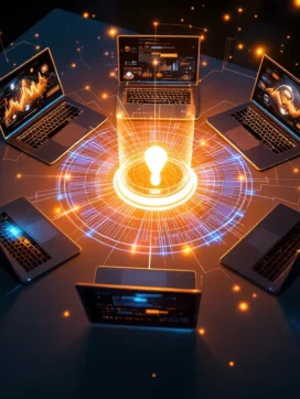 Laptops in cirkel met verlichte data-verbindingen en holografische netwerkknooppunten op modern bureau