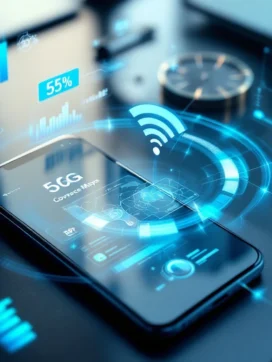 Smartphone op bureau met holografische 5G-netwerkvisualisaties, signaalsterkte en kostenvergelijkingen in blauw-wit
