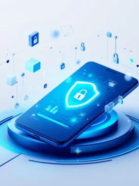 Smartphone met beveiligingsinterface omringd door schildiconen en slotjes in blauw-wit kleurenschema voor cybersecurity
