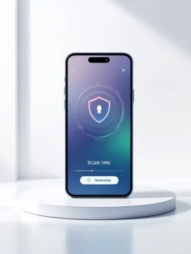 Moderne smartphone met beveiligingsschild-icoon en scaninterface in minimalistisch design op witte achtergrond