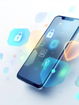 Smartphone met beveiligingspictogrammen op scherm, omringd door blauwe en groene geometrische schildvormen op witte achtergrond