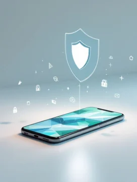 Smartphone op witte ondergrond met zwevende beveiligingspictogrammen en schildsymbool in blauwe en groene tinten