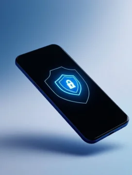 Smartphone met beveiligingsschild-icoon en geometrische lijnen op blauwe gradiëntachtergrond voor digitale bescherming