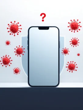 Smartphone met blauwe beschermingsschild dat rode virussymbolen afweert, met vraagteken pictogram erboven