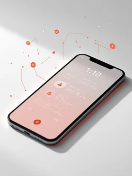 Smartphone op witte ondergrond met waarschuwingssymbolen en beveiligingscode op scherm in minimalistische stijl