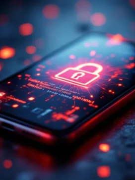 Smartphone met rode waarschuwingssymbolen en barsten op scherm, dramatische belichting toont cyberbeveiligingsdreiging.