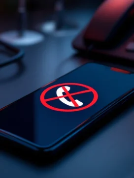 Smartphone met doorgestreept telefoonpictogram en rood verbodssymbool op zakelijk bureau met netwerkinfrastructuur

