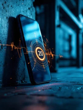 Smartphone zonder signaal tegen betonnen muren en metalen balken die draadloze verbinding blokkeren