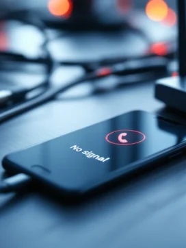 Smartphone met rood geen-signaal-icoon op bureau naast router en netwerkkabels