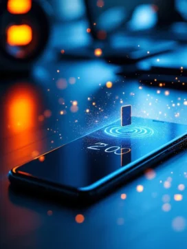 Smartphone zonder signaal op bureau met uitgeschoven simkaart en oranje waarschuwingsindicatoren in blauw-oranje verlichting