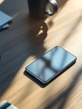 Smartphone op modern bureau met calculator, documenten en pen, bovenaanzicht met natuurlijk licht