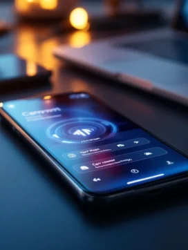 Smartphone op bureau toont netwerksignaal en provider-instellingen, laptop en netwerkkabels op achtergrond