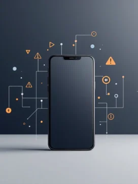 Smartphone met waarschuwingssymbolen en privacypictogrammen die surveillanceactiviteit en beveiligingsproblemen suggereren