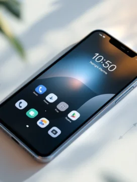 Smartphone met toegankelijk startscherm en grote pictogrammen op wit oppervlak met visuele hulplijnen eromheen