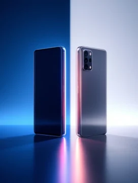 Twee premium smartphones tegenover elkaar op reflecterend oppervlak met blauw en zilver studiolicht voor vergelijking