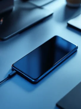 Premium smartphone op modern bureau met draadloze oordopjes en zakelijke accessoires in professionele werkruimte